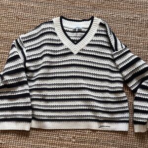 Ganni Black and White Striped V-Neck Sweater